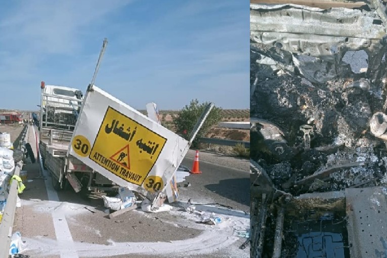 صفاقس : احتراق سيارة ووفاة سائقها اثر اصطدامها بشاحنة.